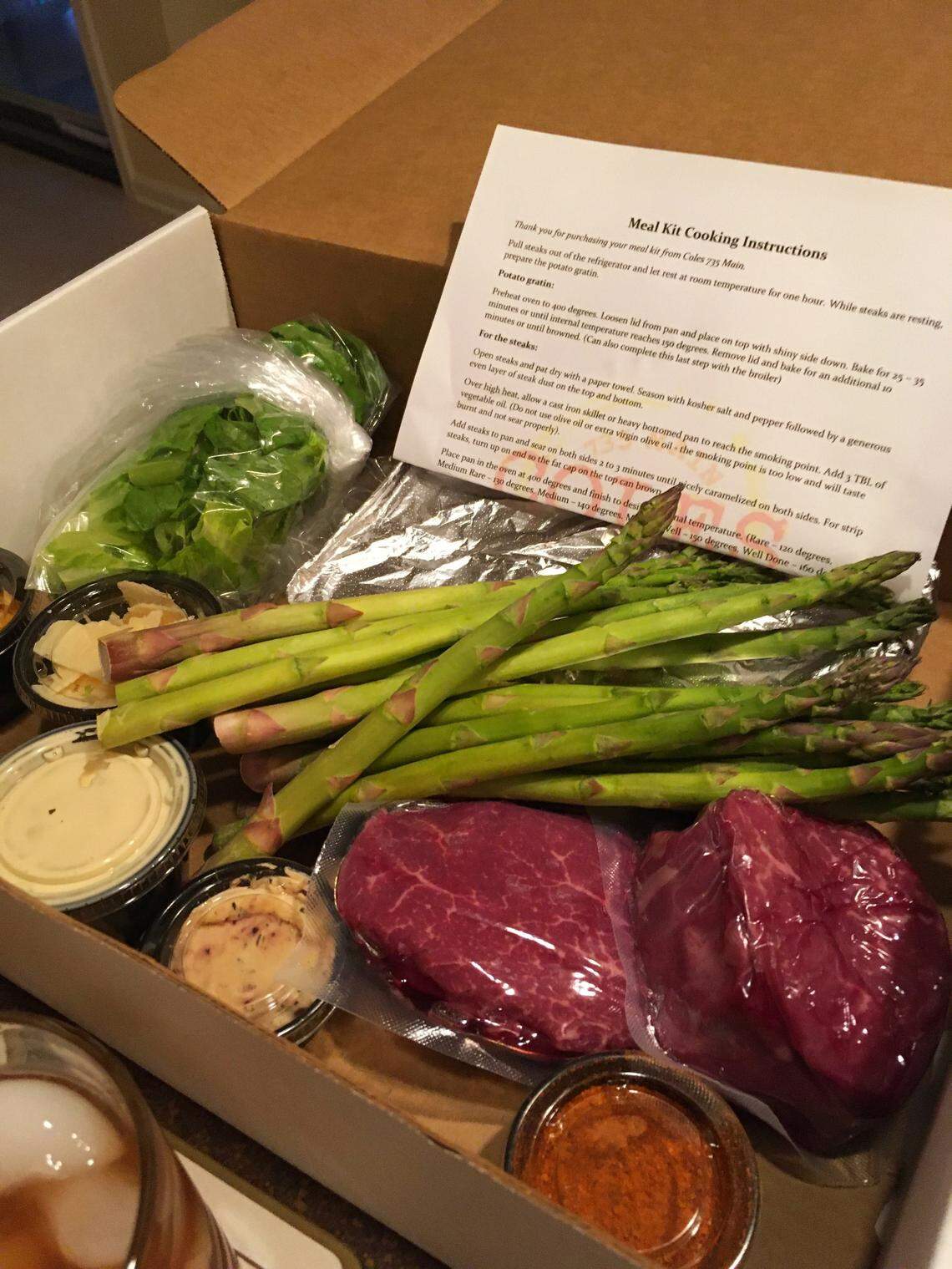 The filet meal kit from Coles comes with all the goodies to recreate a gourmet dinner at home, including instructions.