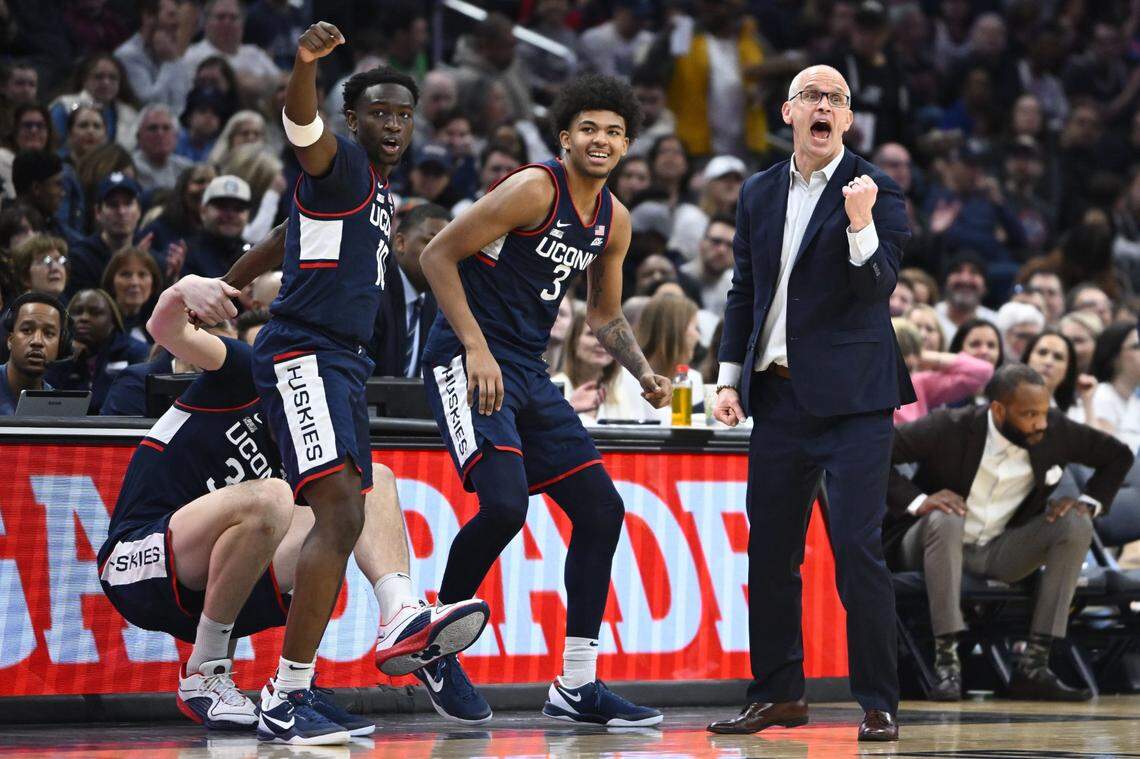 Feb 10, 2024; Washington, District of Columbia, USA; Connecticut Huskies head coach Dan Hurley reacts against the Georgetown Hoyas during the first half at Capital One Arena. Mandatory Credit: Brad Mills-USA TODAY Sports
