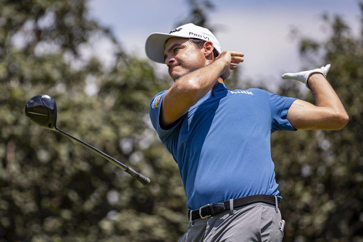 Kris Ventura throws his club in reaction to hitting a shot on the 3rd hole during the final round of the ISCO Championship on Sunday, July 13, 2025, at Hurstbourne Country Club in Louisville, Ky.