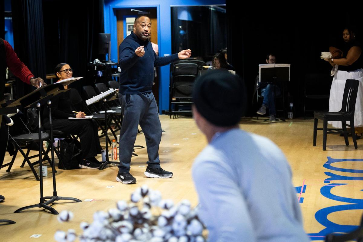 Sanctuary Road Director Dennis Whitehead Darling works with the cast during rehearsal on Saturday, March 1, 2025.