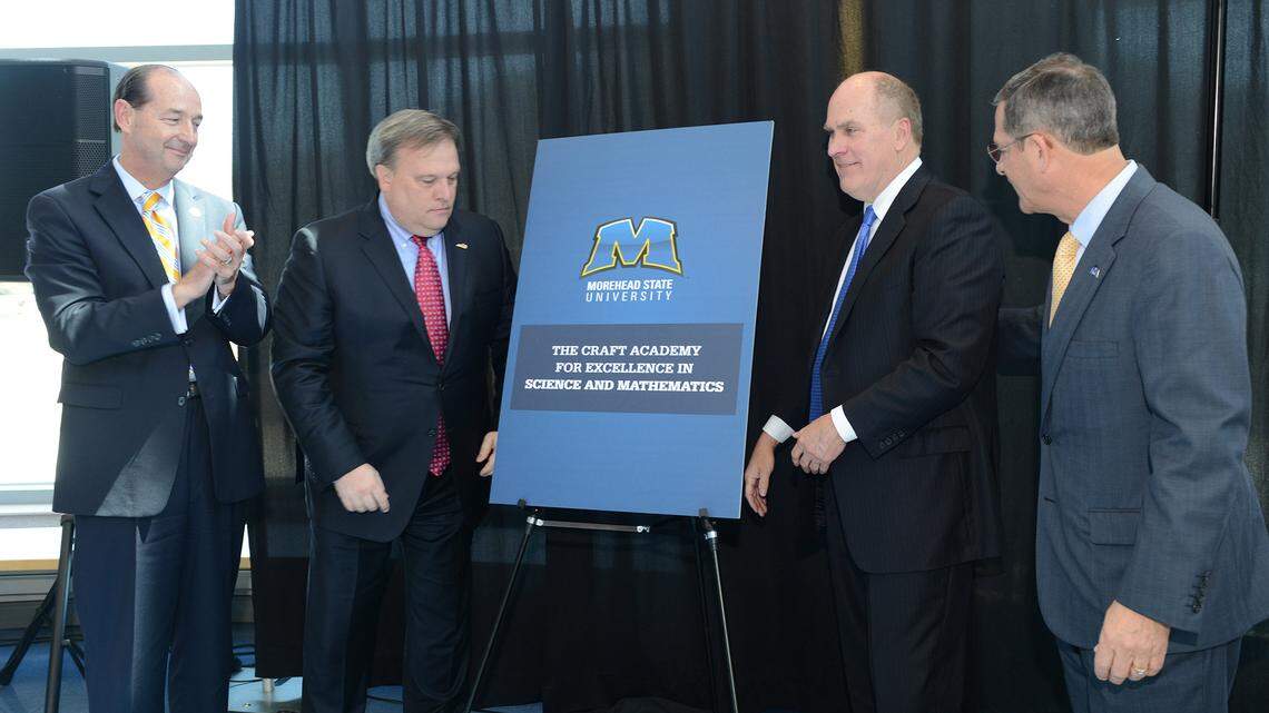 On hand for the announcement of The Craft Academy for Excellence in Science and Mathematics at Morehead State University on Thursday April 10, 2014 were, from left,  Rep. Rocky Adkins, Sen. Robert Stivers, Joe Craft, Dr. Wayne D. Andrews. Photo by Tim Holbrook/Morehead State University