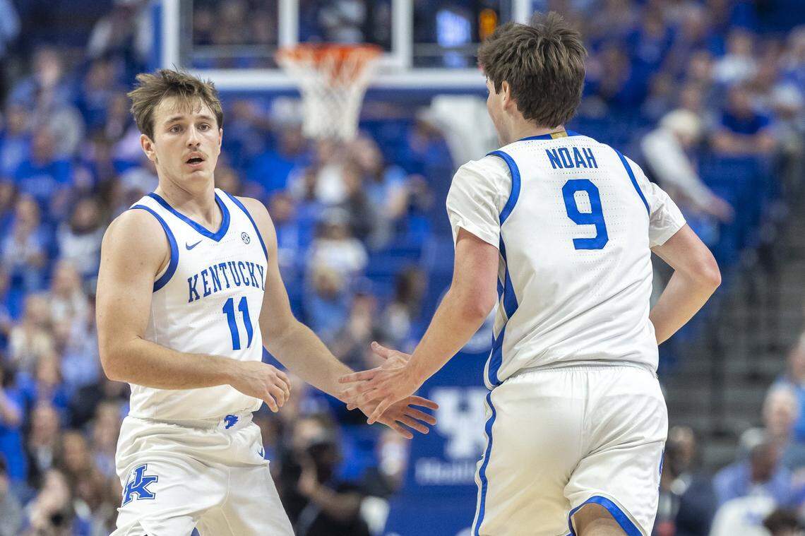 Freshmen Travis Perry (11) and Trent Noah (9) are the only scholarship players from Kentucky on the 2024-25 Wildcats roster. “It means the world to both of us,” Noah said of playing at UK. “We talk about it all the time, just how this really is a dream. It’s a dream come true. And to be able to put on the Kentucky jersey, that’s just something that’s not taken lightly.”