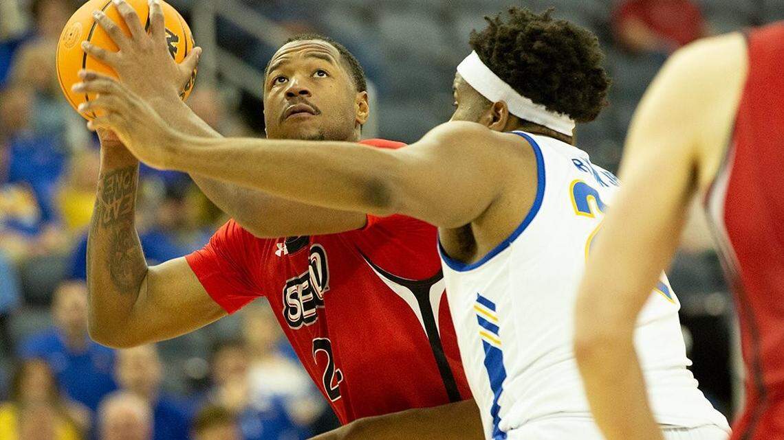 Southeast Missouri’s Josh Earley looked for space to operate against Morehead State on Friday night in Evansville, Ind. Earley finished with 11 points and 13 rebounds.
