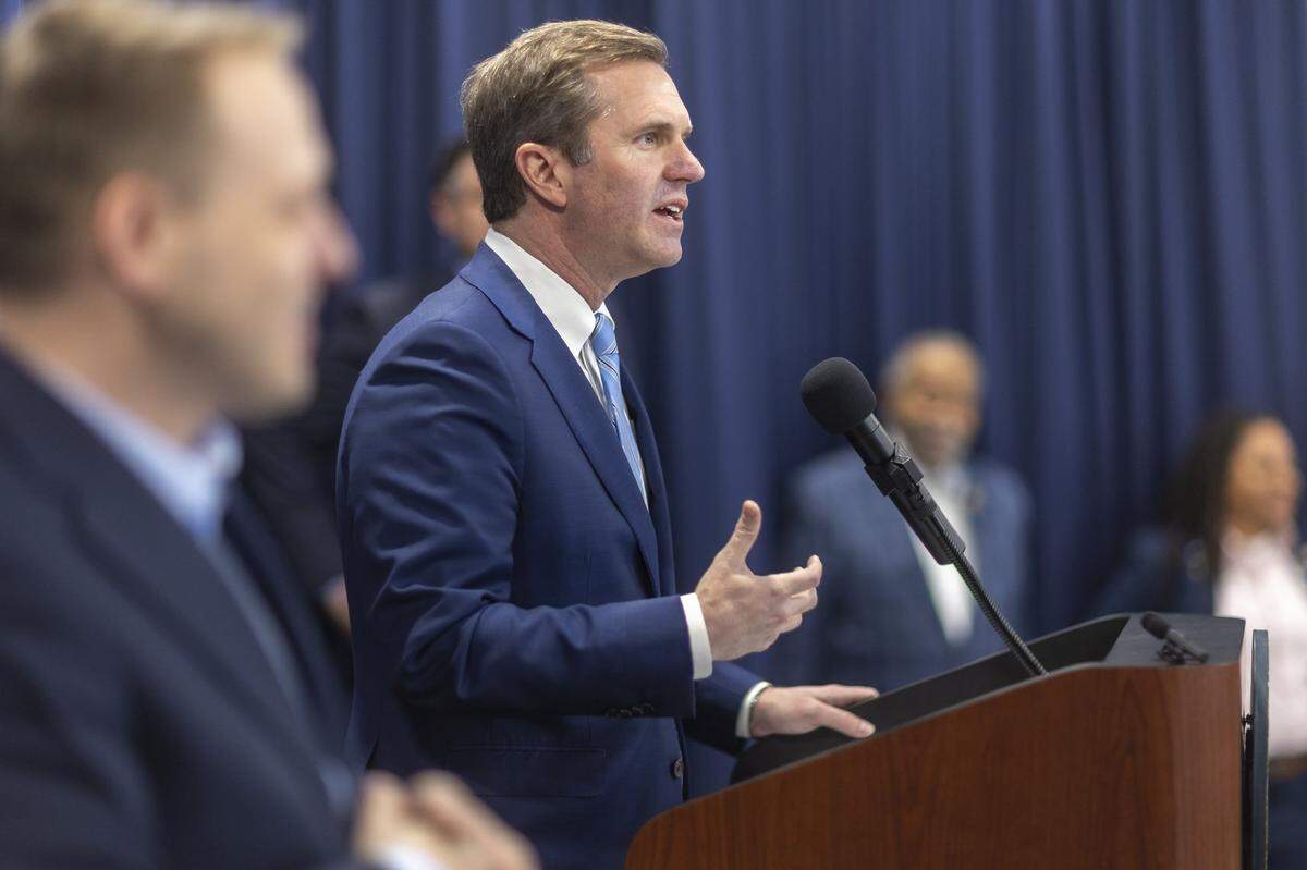 Kentucky Gov. Andy Beshear speaks during the Fairness Rally at the Kentucky state Capitol Education Center in Frankfort, Ky., on Wednesday, Feb. 25, 2026.