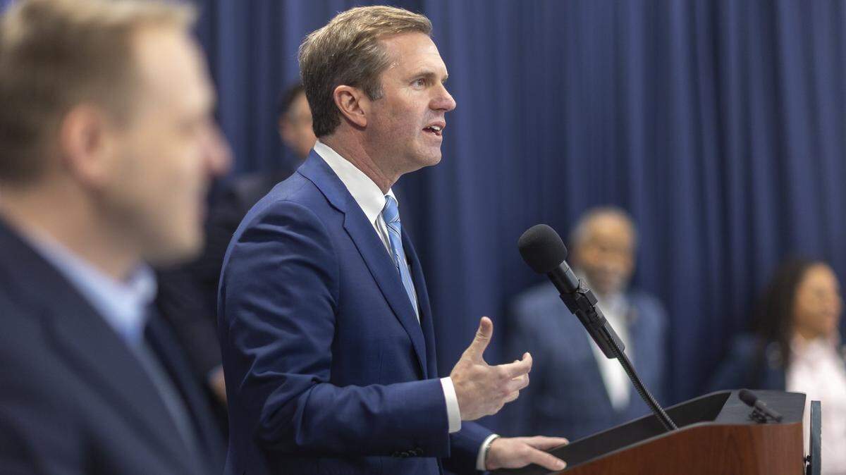 Kentucky Gov. Andy Beshear speaks during the Fairness Rally at the Kentucky state Capitol Education Center in Frankfort, Ky., on Wednesday, Feb. 25, 2026.
