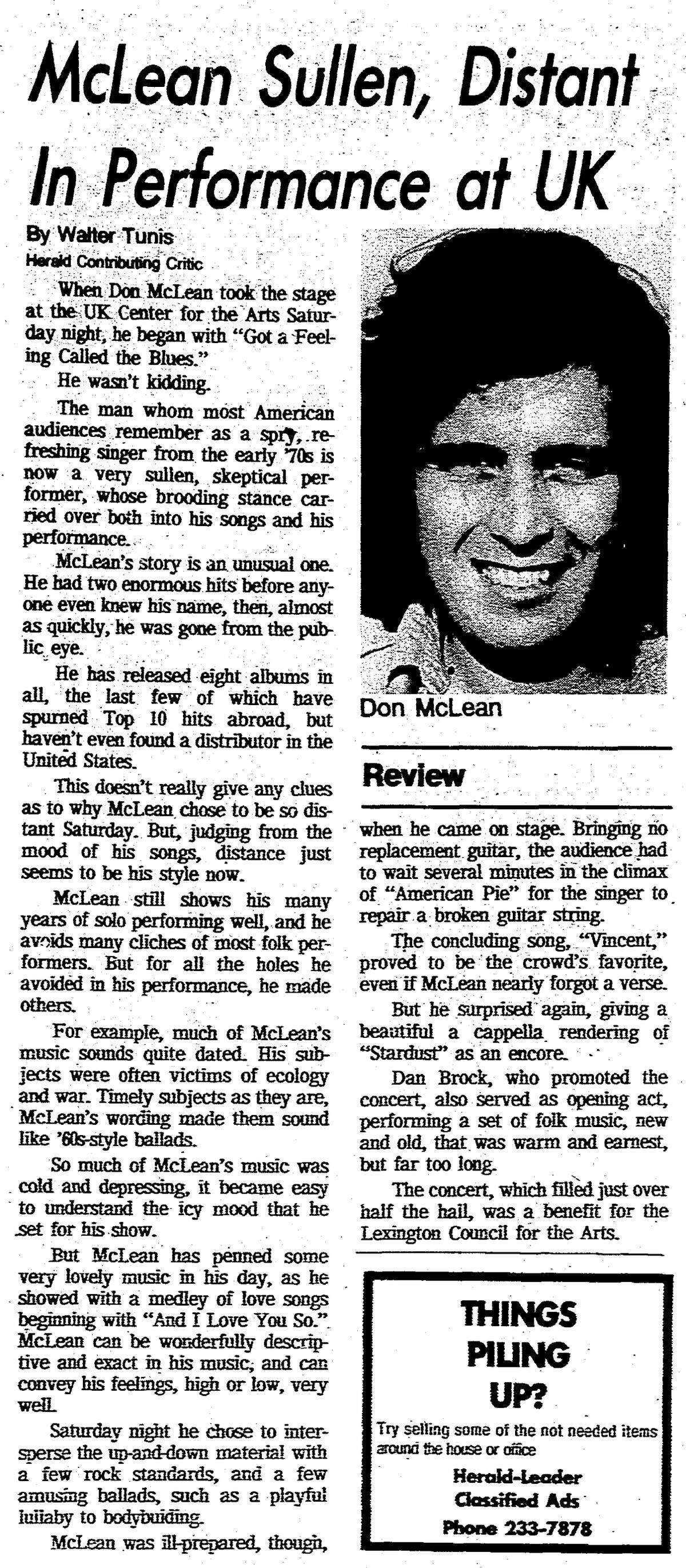 Herald-Leader music critic Walter Tunis’ first review, 40 years ago.