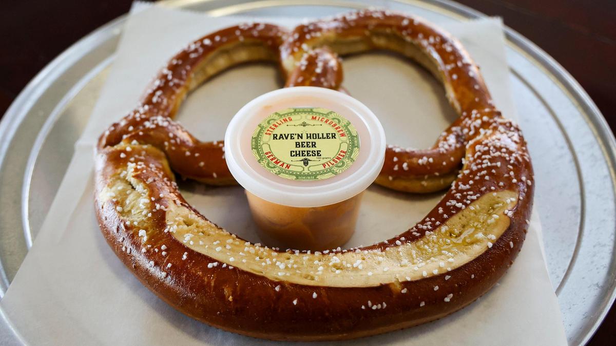 The 10-inch Bavarian Pretzel ($14) comes with a choice of award-winning beer cheese made with beer from the brewery.