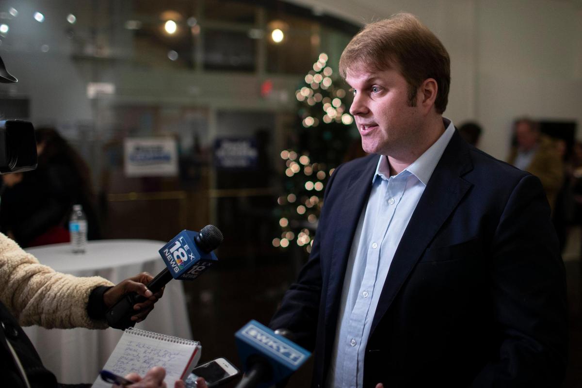 Lexington-Fayette Urban County Councilman David Kloiber, speaks with reporters after announcing his mayoral campaign during a press conference at ArtsPlace in Lexington, Ky., Wednesday, December 8, 2021.