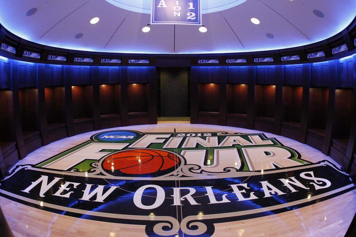 The centerpiece of the Kentucky locker room in Rupp Arena is the midcourt logo from the Wildcats’ national championship game in New Orleans in 2012.