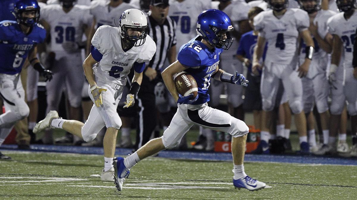 Lexington Catholic’s Tommy Knopp scored one of his two touchdowns on the night as the Knights knocked off Lexington Christian 54-13 on Friday.