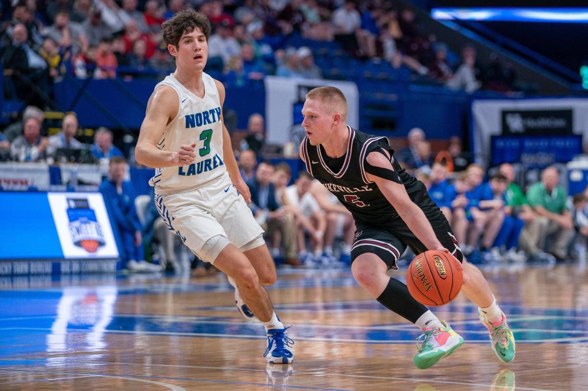 Keian Worrix (5) drives against North Laurel’s Reed Sheppard during Wednesday night’s Pikeville win in the first round of the Sweet 16. Worrix scored 12 points for the Panthers, including 10 during a decisive first half.