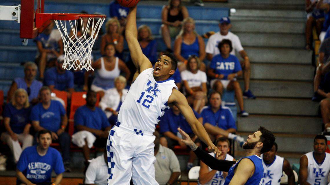Kentucky's Karl-Anthony Towns threw down two of his 10 points in Tuesday's 93-57 win against Puerto Rico. The freshman is averaging 13 points and 7.7 rebounds in the first three games in the Bahamas.
    