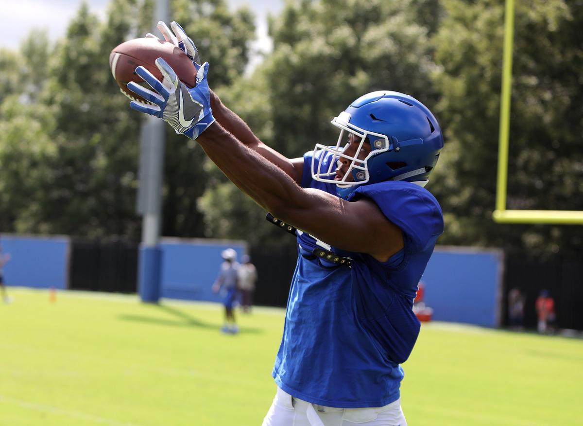 Ahmad Wagner made a reception Tuesday during Kentucky football practice.
