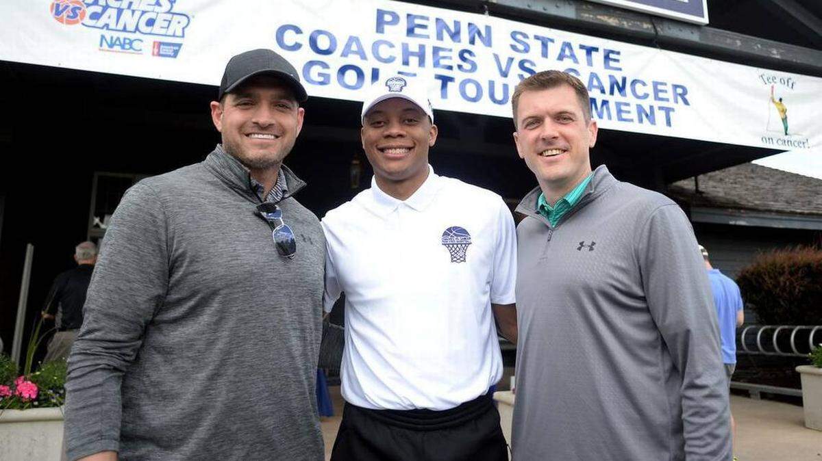 Former Penn State basketball players Jon Crispin, left, Tim Frazier, center, and Joe Crispin, right, posed for a photo before playing in a charity golf event. The Crispin brothers led a memorable upset of Kentucky in Rupp Arena in 2000.