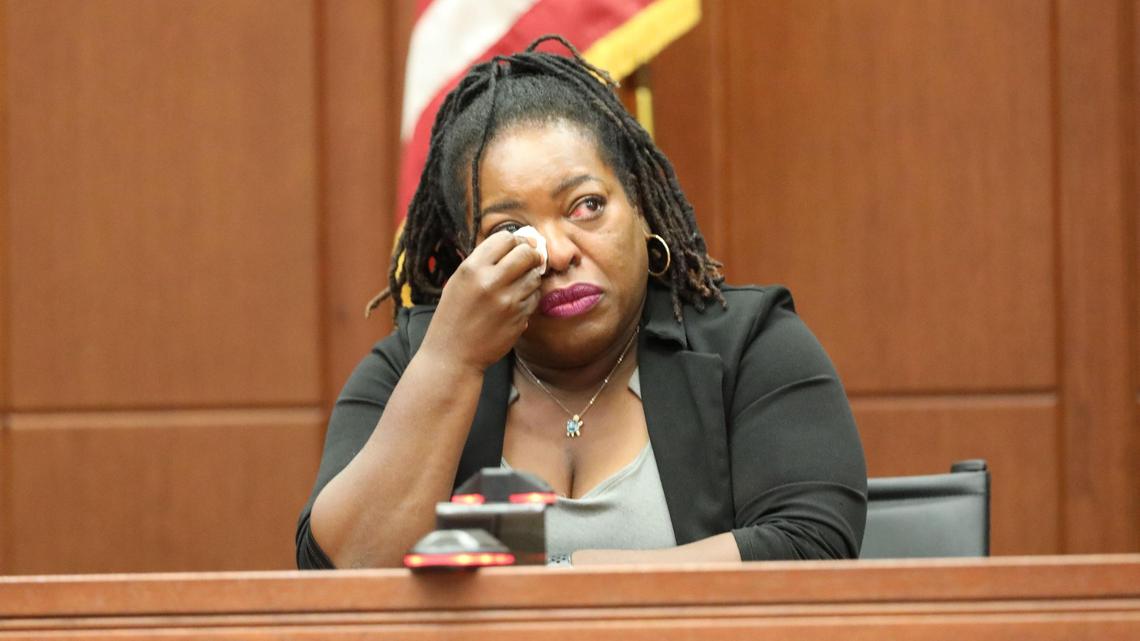Lexington-Fayette Urban County Councilwoman Denise Gray gets emotional while testifying in a protection order case filed against Lexington-Fayette Urban County Councilwoman Brenda Monarrez on Oct. 16, 2024, in Lexington, Ky.