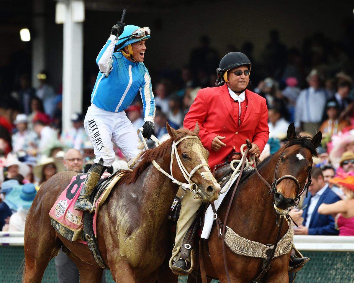 Jockey Javier Castellano celebrated after winning the  2023 Kentucky Derby aboard Mage.