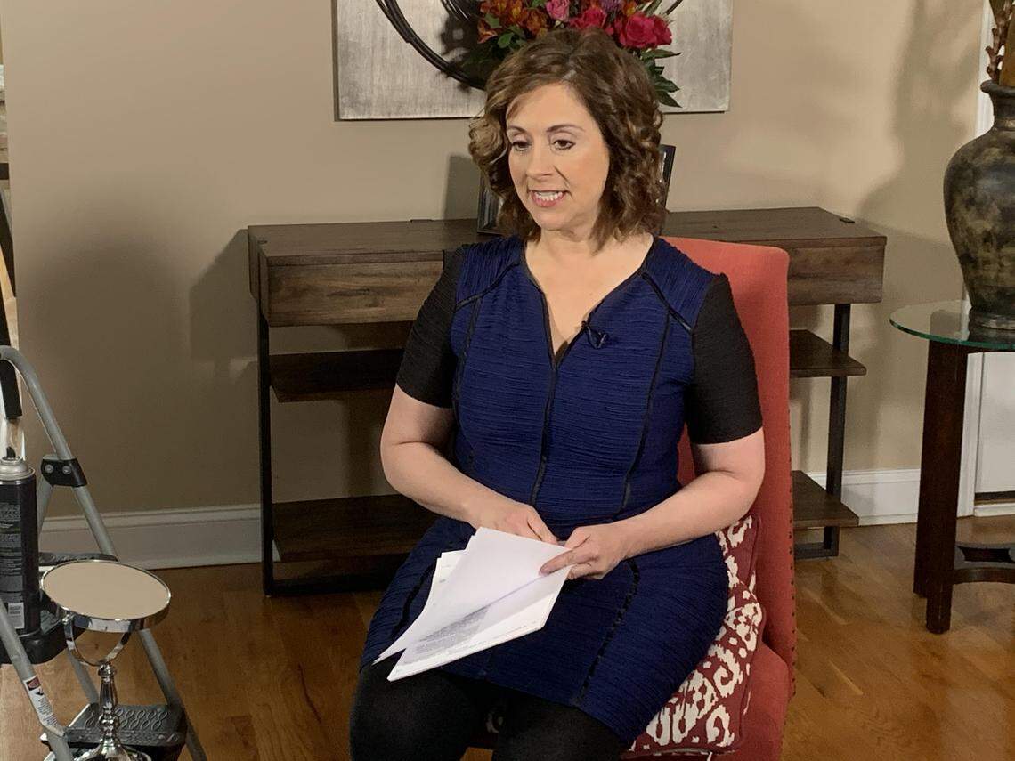 WLEX-TV anchor Nancy Cox has been doing the news from her Lexington home for more than three weeks now. She has a camera, lights and transmitter set up permanently in her living room.