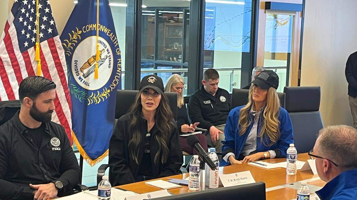 Acting FEMA administrator Cameron Hamilton, left; Secretary of Homeland Security Kristi Noem, middle; and Small Business Administration head Kelly Loeffler, right met in Frankfort Wednesday to discuss response to historic flooding seen this month.