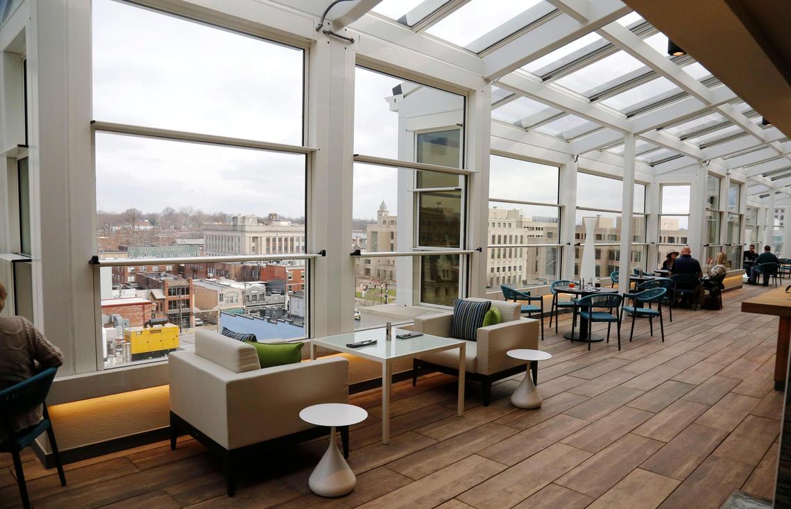 You can sit at a table or go casual at Infinity: Skybar and Cafe. But every table has a great view. The restaurant is atop the Residence Inn at City Center.