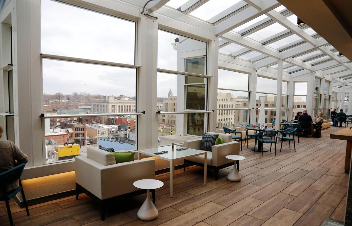You can sit at a table or go casual at Infinity: Skybar and Cafe. But every table has a great view. The restaurant is atop the Residence Inn at City Center.