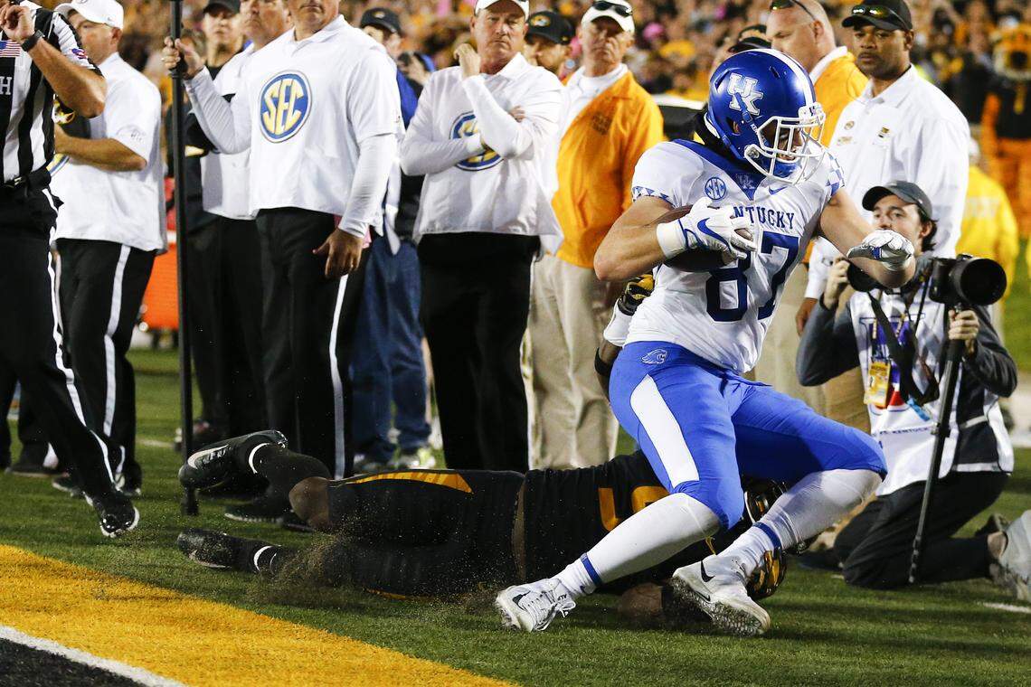 Kentucky tight end C.J. Conrad caught the game-winning touchdown on an untimed, final play that followed a controversial pass interference call against Missouri in UK’s 15-14 win in Columbia in 2018.