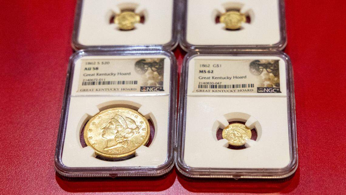 Four gold coins from the “Great Kentucky Hoard,” a multi-million-dollar, 800-plus coin collection that Jeff Garrett helped sort, authenticate and sell in 2023. All but eight of the Civil War-era coins were purchased online at GovMint.com. 