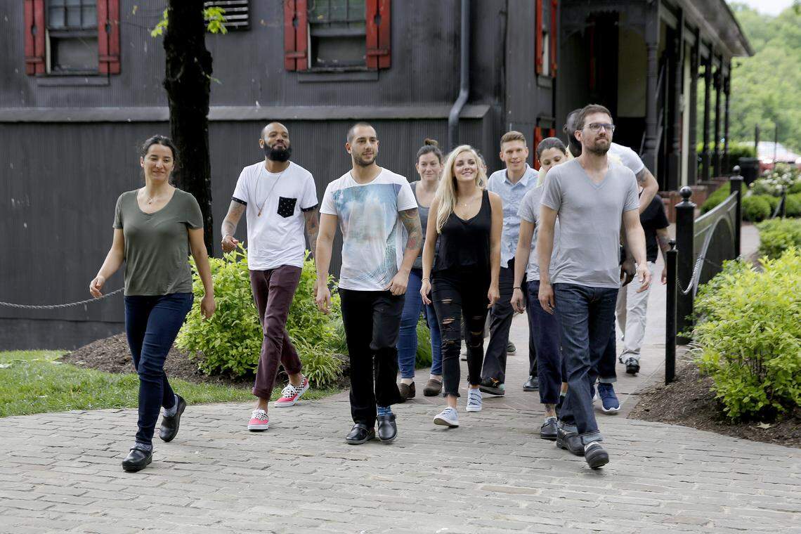 The “Top Chef” contestants, from left Michelle Minori, Justin Sutherland, Pablo Lamon, Sara Bradley, Kelsey Barnard, Brandon Rosen, Kevin Scharpf, got schooled on bourbon and Kentucky cuisine at Maker’s Mark Distillery on the second episode. It wasn’t pretty for one of the teams.