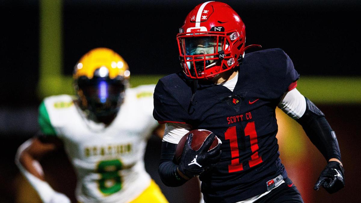 Scott County running back Ellis Huguely, shown here against Bryan Station earlier this season, scored two of the Cardinals’ three touchdowns in Friday night’s upset of No. 11 Ballard.