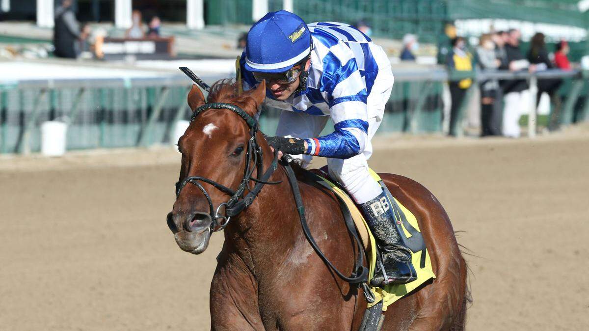 Hidden Stash, with Rafael Bejarano aboard, won a race at Churchill Downs on Nov. 28, 2020. Bejarano will ride Hidden Stash in the Kentucky Derby on Saturday.