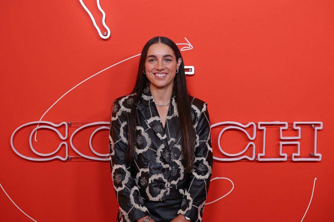 Georgia Amoore’s cropped blazer and skirt combination for draft night were created with help from NBA star Russell Westbrook and his fashion label, Honor the Gift.