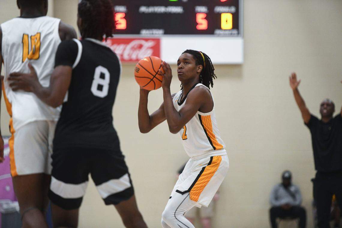 July 5, 2023; North Augusta, S.C., USA; Team Thad Jasper Johnson (2) shoots the ball during the Team Thad and NJ Scholars game at third day of the Peach Jam in Riverview Park Activities Center. Team Thad defeated NJ Scholars 67-59. Mandatory Credit: Katie Goodale-USA TODAY Network