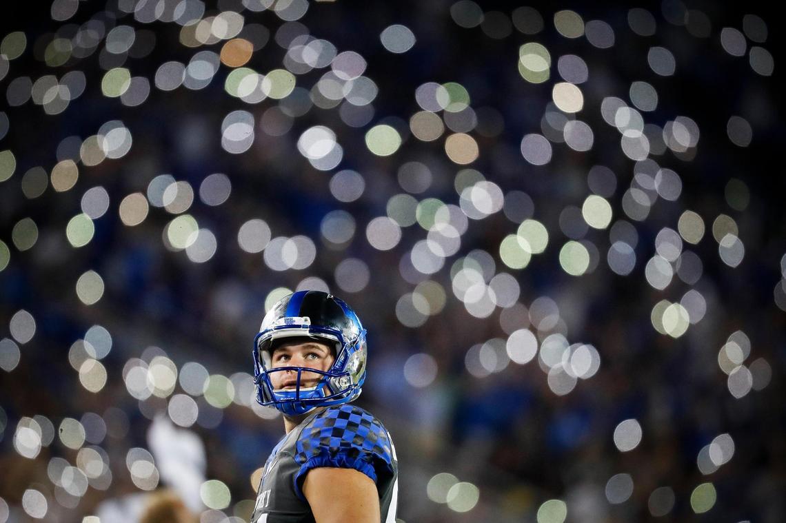 Kentucky Wildcats punter Colin Goodfellow (94) glances into the crowd in the fourth quarter during a game against the LSU Tigers at Kroger Field in Lexington, Ky., Saturday, Oct. 9, 2021. Kentucky beat LSU 42-21.
