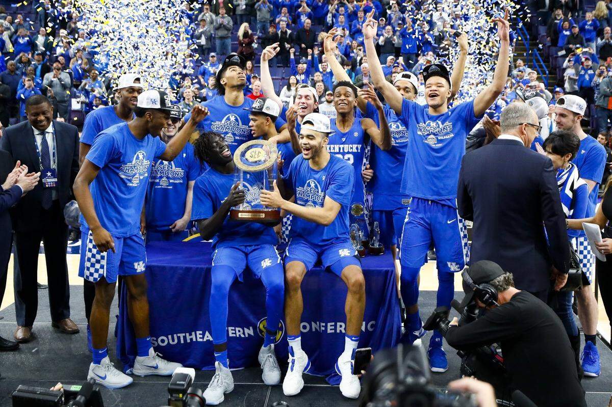 The Kentucky Wildcats celebrated after winning the 2018 SEC Tournament title, their most recent championship in the event.