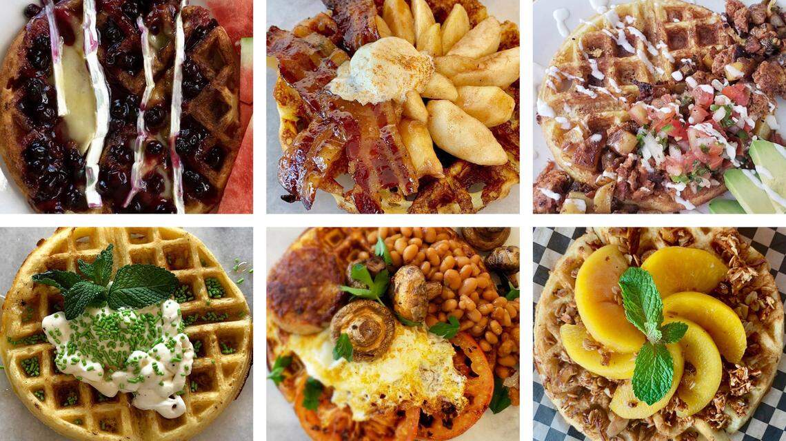 A variety of waffles from Martine’s Pastries, clockwise from top: melted brie and blueberry; candied bacon, fried apples and a dollop of cinnamon dusted ice cream; chorizo, hash, pico and sour cream; peaches and cream; English breakfast sausage, mushroom, beans and egg; and sweet mint julep with fresh mint mascarpone cream and syrup, which was served on Derby Day.