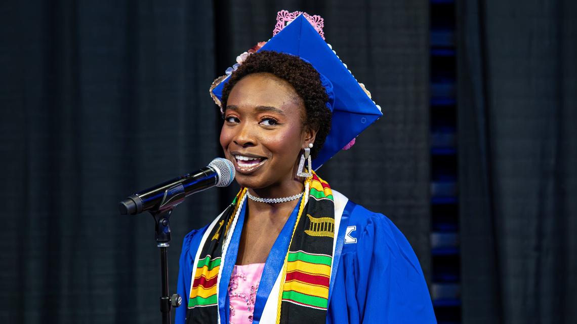 Degree Candidate Maya Barber sings a combination of the National Anthem and “Lift Every Voice and Sing” during the first of two UK graduation ceremonies at Central Bank Center on May 9, 2025, in Lexington, Ky.