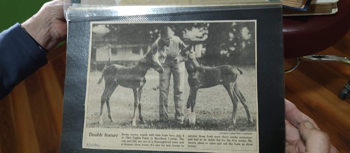 Dr. Rebecca Bosomworth held a Herald-Leader photo clipping from the 1980s, when her mare delivered twin foals. “I had no idea she was carrying twins,” Bosomworth said.