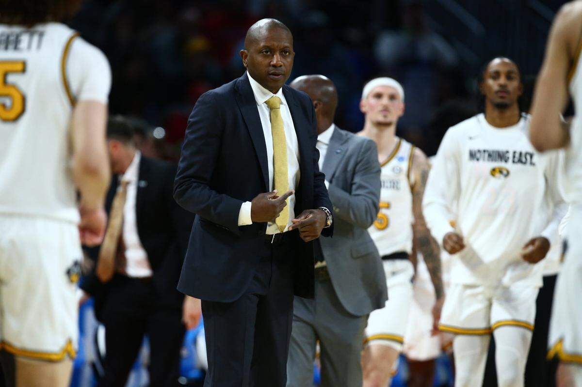 Mar 20, 2025; Wichita, KS, USA; Missouri Tigers head coach Dennis Gates in the second half of a first round men's NCAA Tournament game against the Drake Bulldogs at Intrust Bank Arena. Mandatory Credit: Nick Tre. Smith-Imagn Images