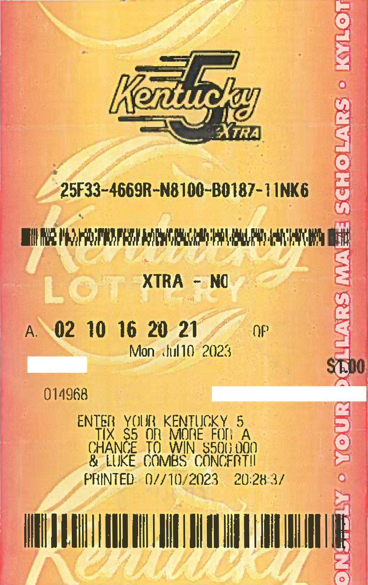 A Louisville woman won the jackpot with this Kentucky 5 lottery ticket during the July 10 drawing.