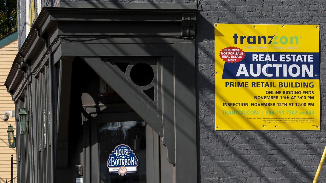 Justins’ House of Bourbon, located at 601 W Main St, Wednesday, Oct. 30, 2024 in Lexington, Ky. The building, along with another in Louisville, is up for auction but the business is not for sale. Justins’ House of Bourbon specializes in vintage spirit sales.