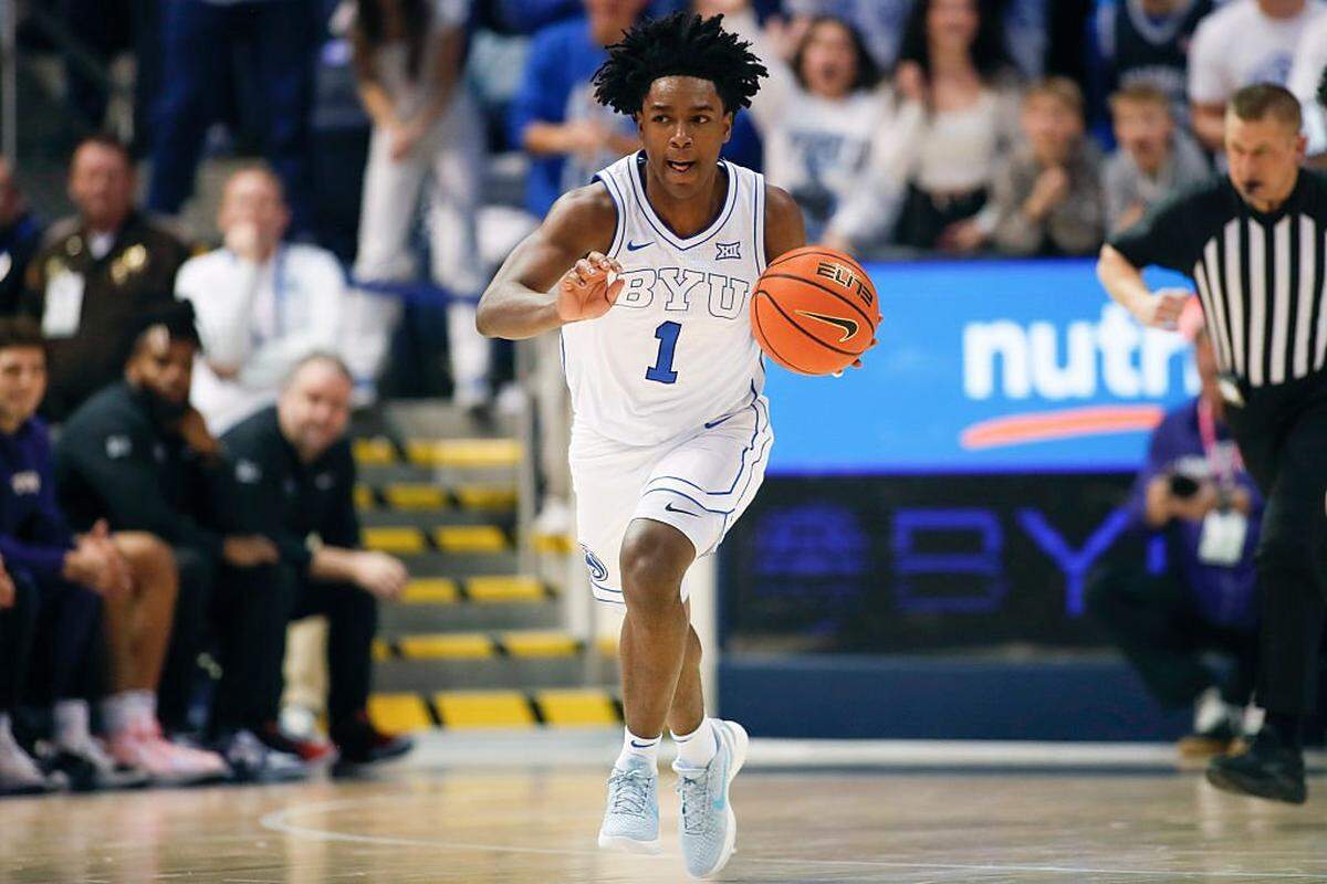 PROVO, UT - JANUARY 14: Robert Wright III #1 of the Brigham Young Cougars rushes the ball up the court against the Texas Christian University Horned Frogs during the second half of their game at the Marriott Center on January 14, 2026 in Provo, Utah.(Photo by Chris Gardner/Getty Images)