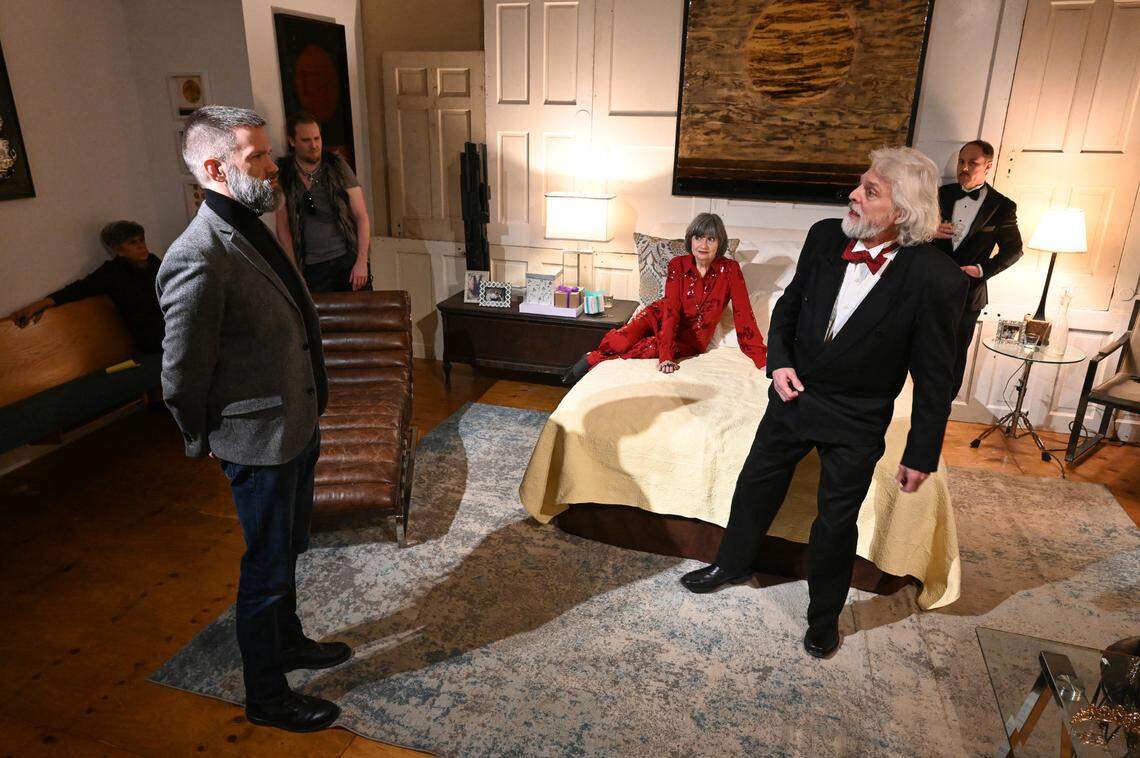 During a tense family moment in Eleanor’s bedroom, “Lion in Winter” director Ave Lawyer (far left) watches from one of the pews where members of the audience will be seated during the show. On the Verge Theatre presents “The Lion in Winter” at Luigart Studio, 110 Luigart Court in Lexington, Kentucky, Jan. 23-Feb. 1. This photo was taken at a rehearsal Jan. 17, 2025.