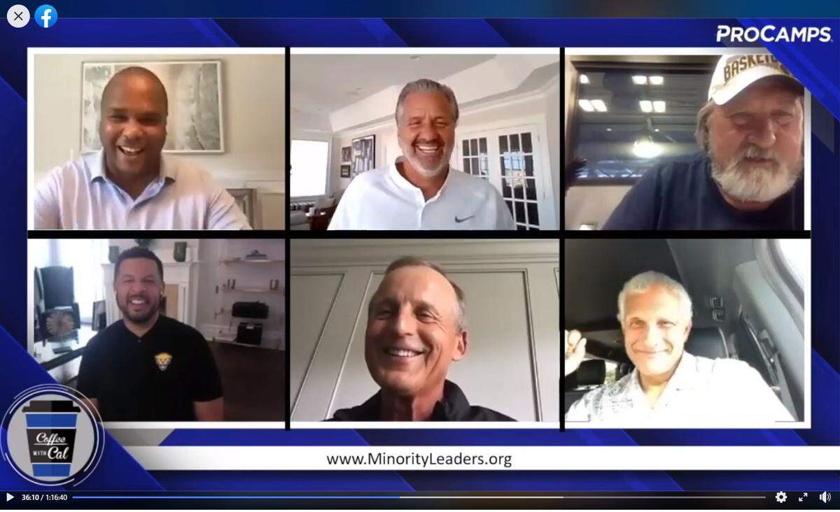 John Calipari’s “Coffee with Cal” show on Facebook Live on July 13 included several prominent college basketball coaches. Joining host Jordan Cornette, top left, and Calipari in this frame were West Virginia’s Bob Huggins, top right, and bottom row, from left, Pittsburgh’s Jeff Capel, Tennessee’s Rick Barnes and South Carolina’s Frank Martin.
