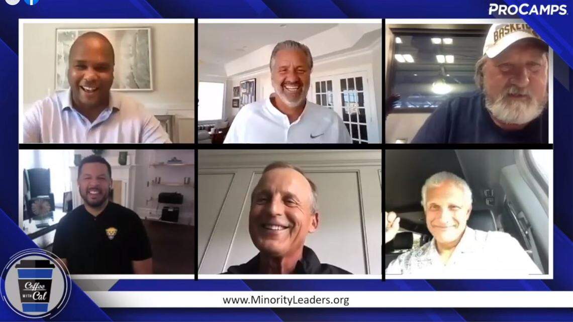 John Calipari’s “Coffee with Cal” show on Facebook Live on Monday night included several prominent college basketball coaches. Joining host Jordan Cornette, top left, and Calipari in this frame were West Virginia’s Bob Huggins, top right, and bottom row, from left, Pittsburgh’s Jeff Capel, Tennessee’s Rick Barnes and South Carolina’s Frank Martin.