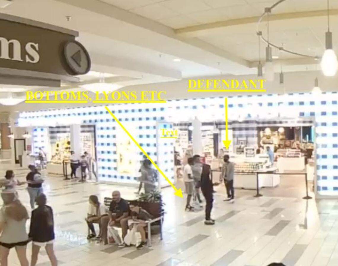 This screen grab from Fayette Mall surveillance shows several people involved in an altercation which ultimately led to the shooting death of Kenneth Bottoms on Aug. 23, 2020. 