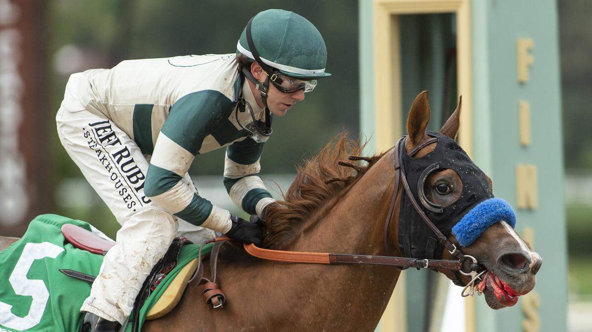 Mucho Gusto and jockey Joseph Talamo won the Robert B. Lewis Stakes at Santa Anita in Arcadia, Calif.