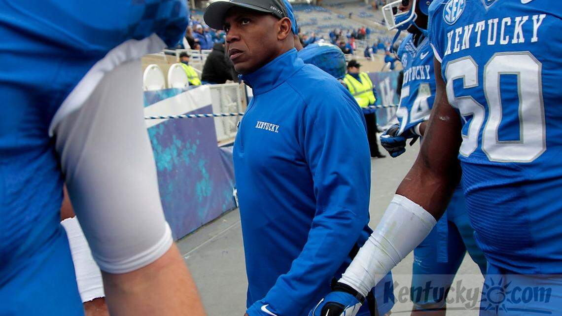 Kentucky head coach Joker Phillips looked up at the stands after a 0-40 loss to  Vanderbilt at Commonwealth Stadium in Lexington, Ky., on Saturday Nov. 3, 2012. Photo by Pablo Alcala | Staff