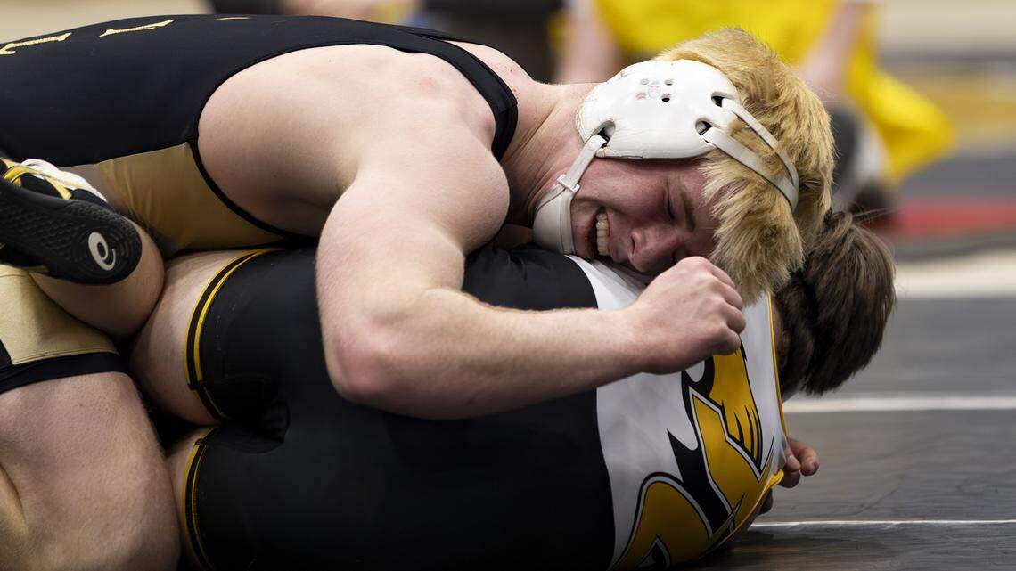 Boyle County’s Micah Thompson smiled as he closed out his victory over Johnson Central’s Dalton Matney in the 165-pound finals of the 2026 KHSAA Boys/Co-ed State Wrestling Championships at the Kentucky Horse Park’s Alltech Arena on Friday.