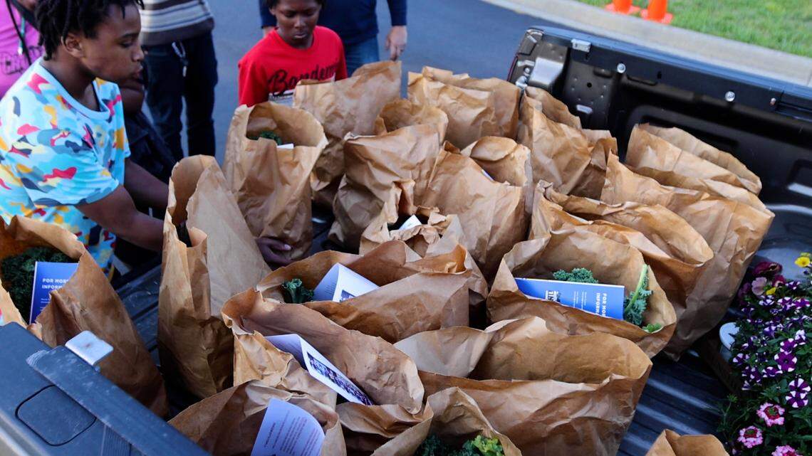 One Lexington and members of Black Men United organize a ‘neighborhood engagement walk’ to take bags of fresh produce to neighborhoods affected by recent shootings, May 4, 2023.