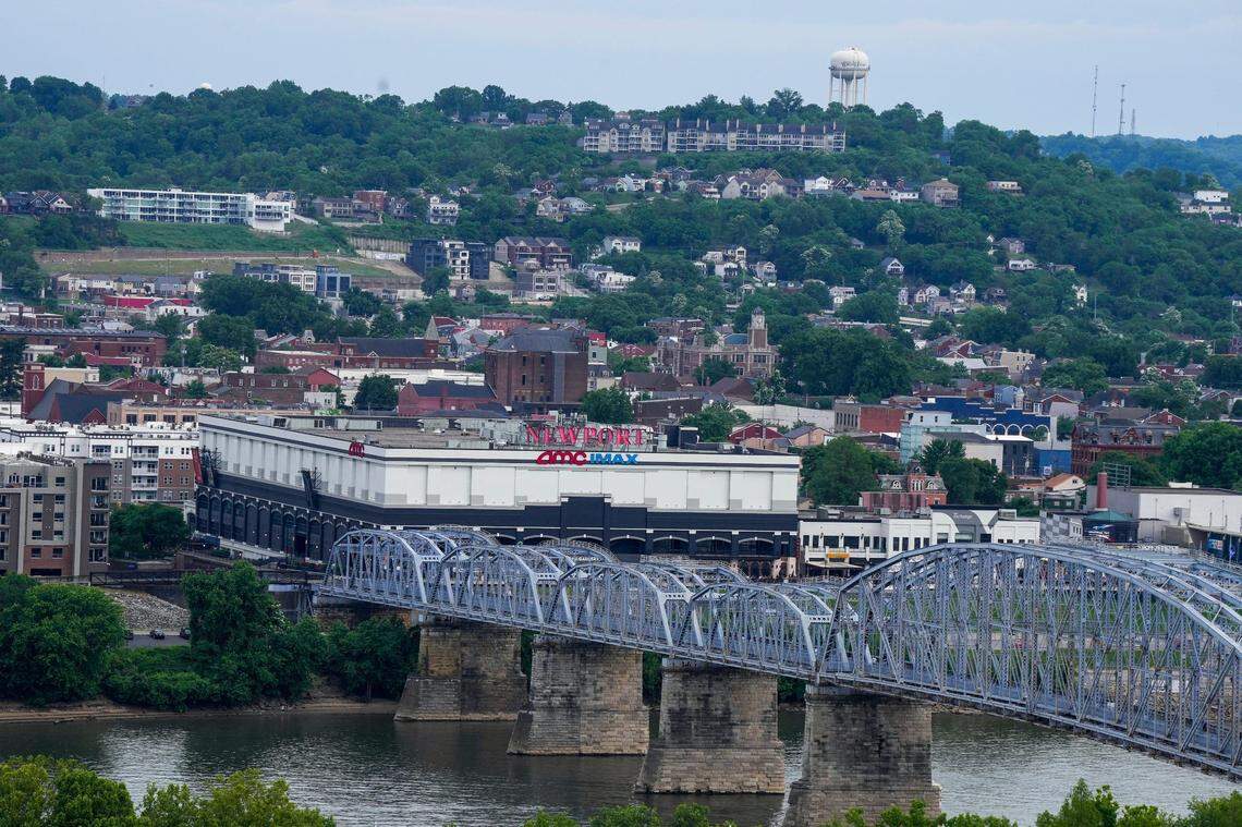 Newport on the Levee and the Purple People Bridge seen from Mt. Adams Sunday, May 26, 2023.