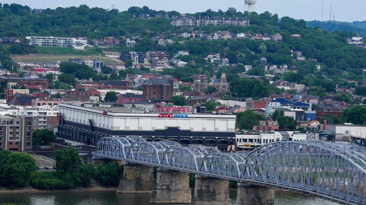 Newport on the Levee and the Purple People Bridge seen from Mt. Adams Sunday, May 26, 2023.